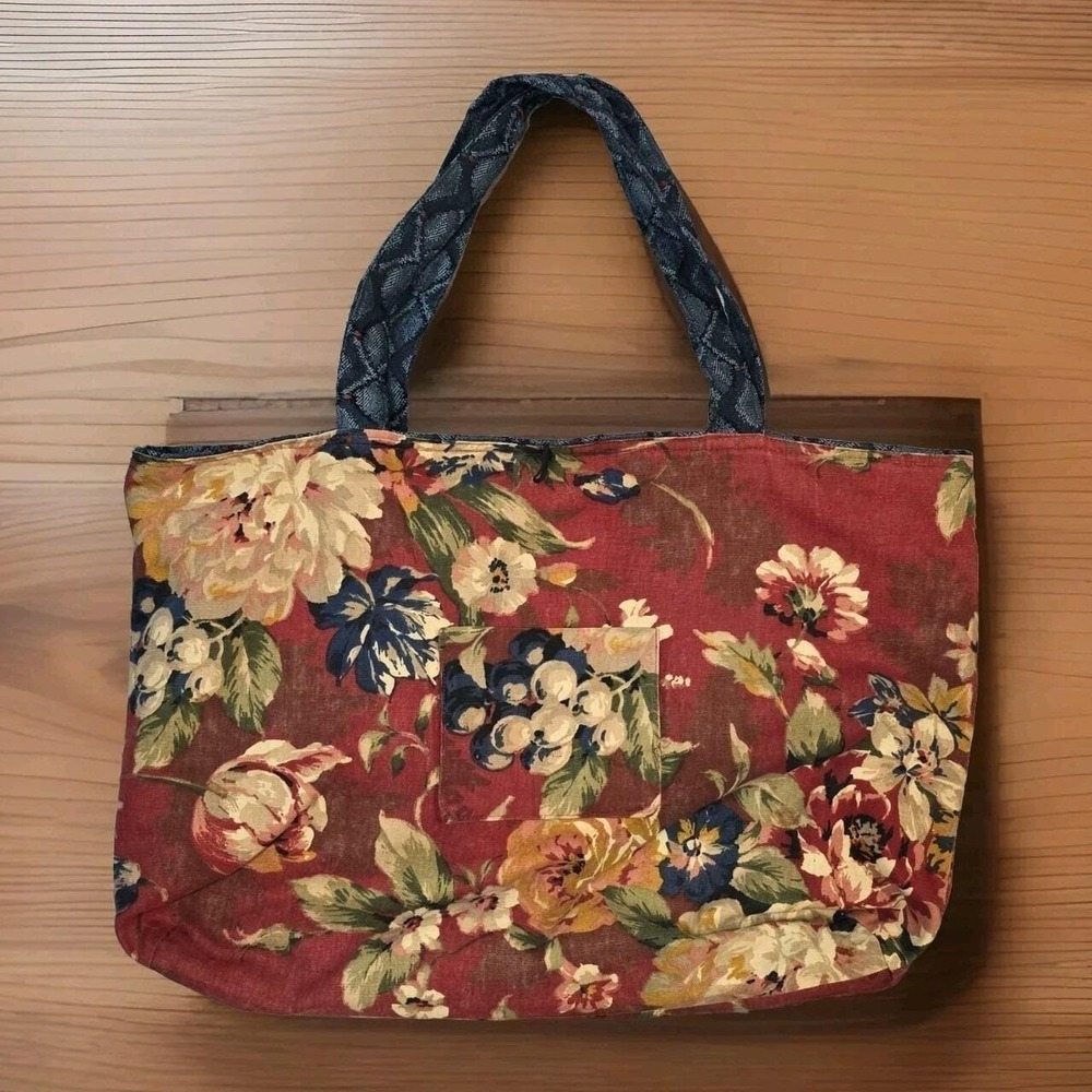 Handmade Reversible Large Tote Bag Vintage Rose Print Burgundy Blue 21.5x15 In